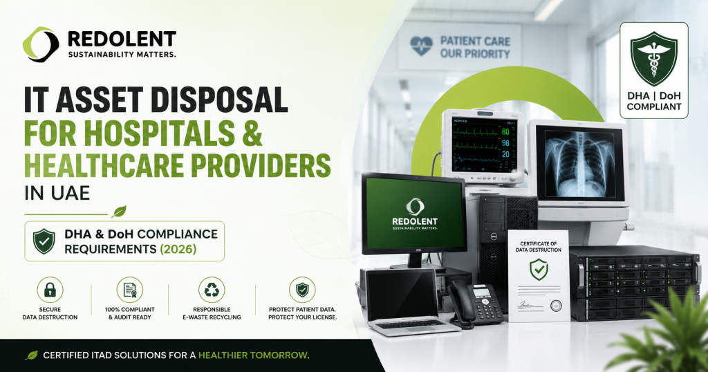 IT asset disposal healthcare UAE, hospital data destruction Dubai, DHA compliant IT disposal, medical equipment e-waste UAE, patient data destruction Dubai